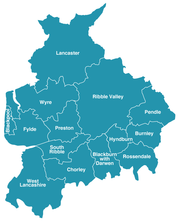 A map of the LCCA area showing the Lancashire County Council districts along with Blackpool Council and Blackburn with Darwen Borough Council areas