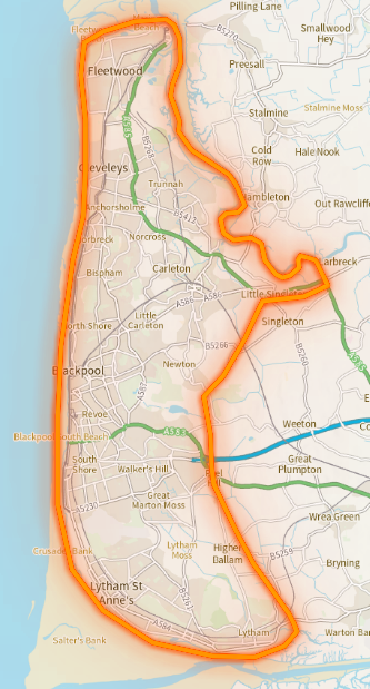 Map showing AnyBus Fylde Coast ticketing area covering Fleetwood, Thornton Cleveleys, Poulton-le-Fylde, Blackpool and Lytham St Anne's.