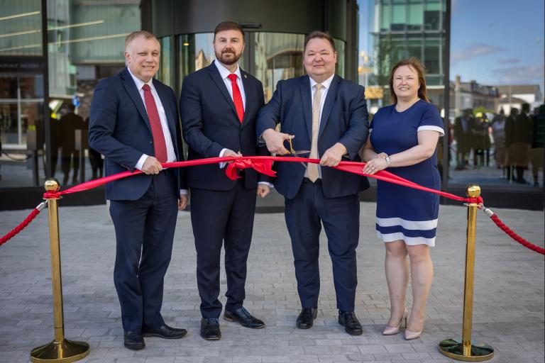 Left to right Mark Smith Blackpool Council Chris Webb MP Minister Andrew Western MP and Lesley Hawkins DWP